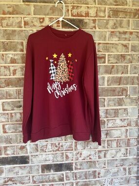 Unbranded Maroon Soft Plaid Leopard Print Christmas Tree Sweatshirt
